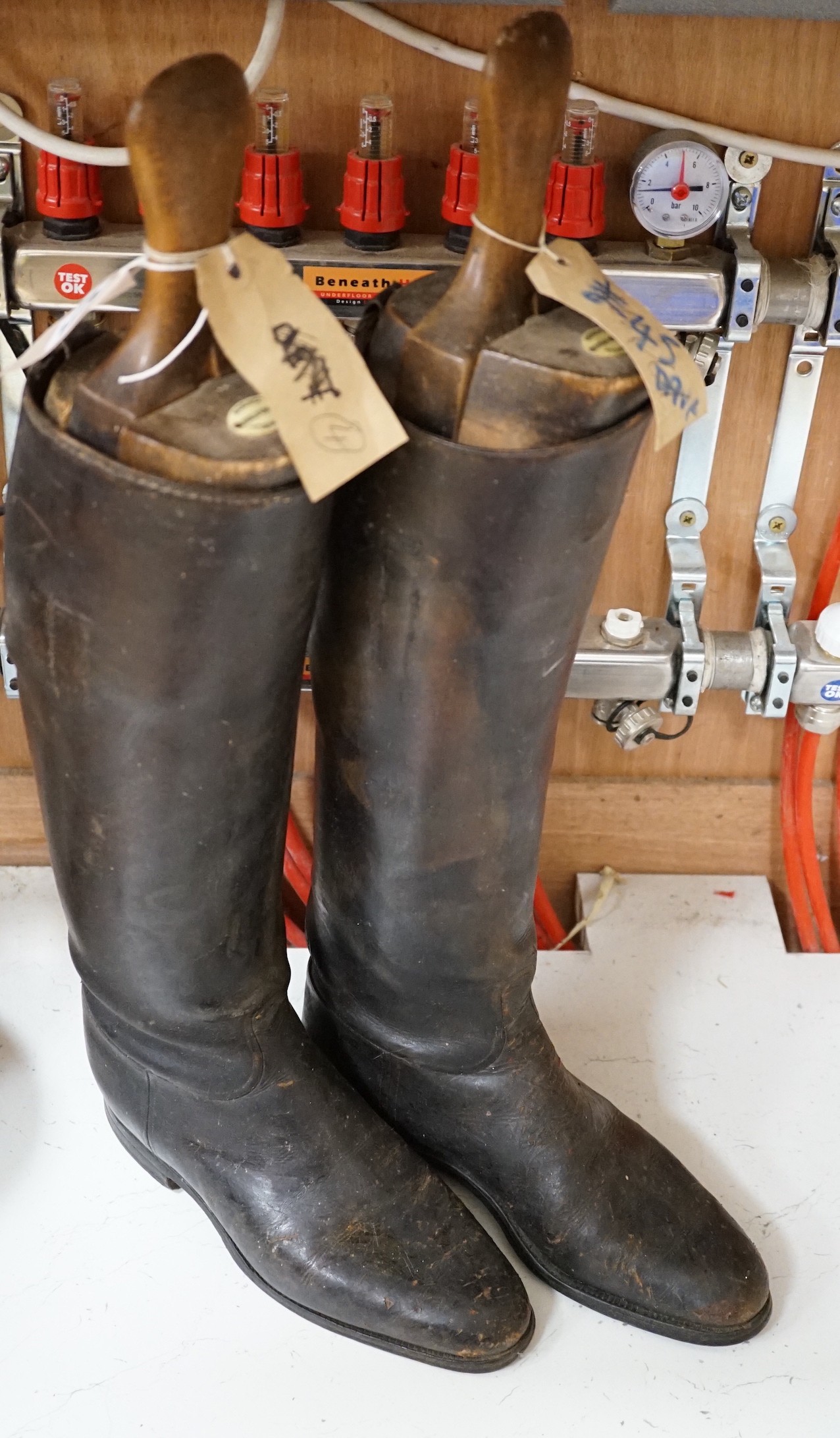 A pair of leather gents riding boots, with trees